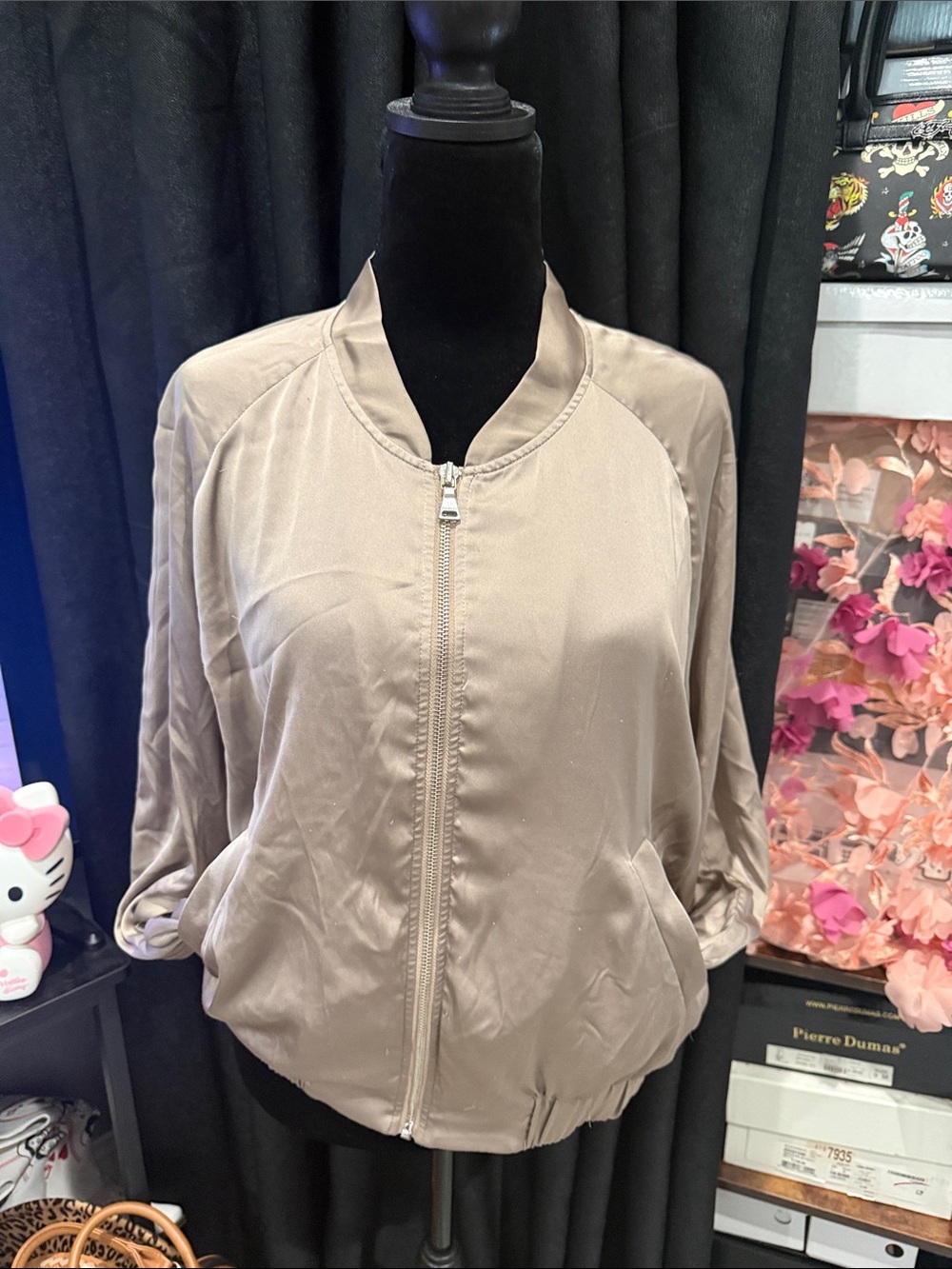 Express Satin Bomber Jacket in Light Taupe
